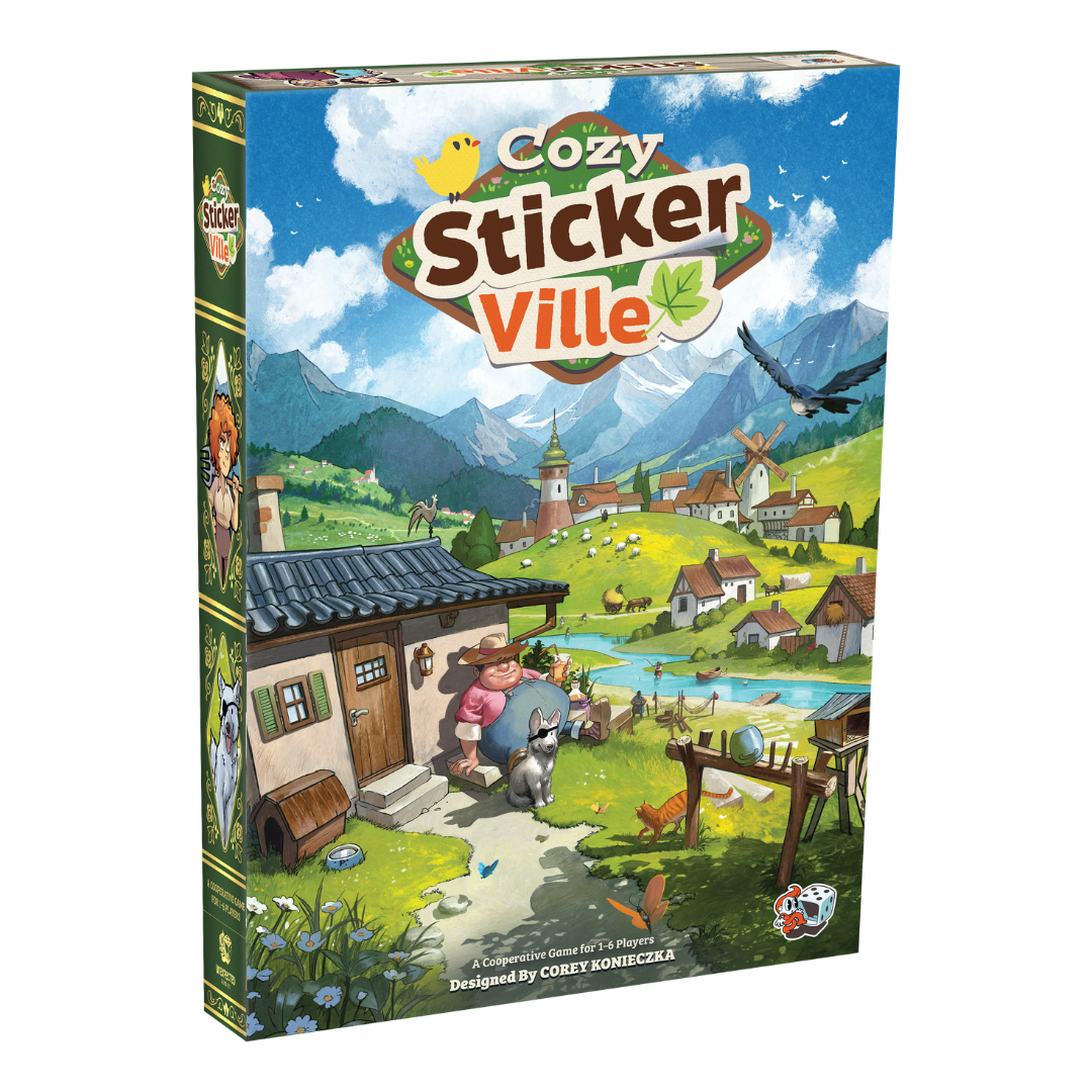 Cozy Stickerville - braetspil - familiespil - hyggespil - klistermaerkespil - gaveideer - historiefortaelling - solospil
